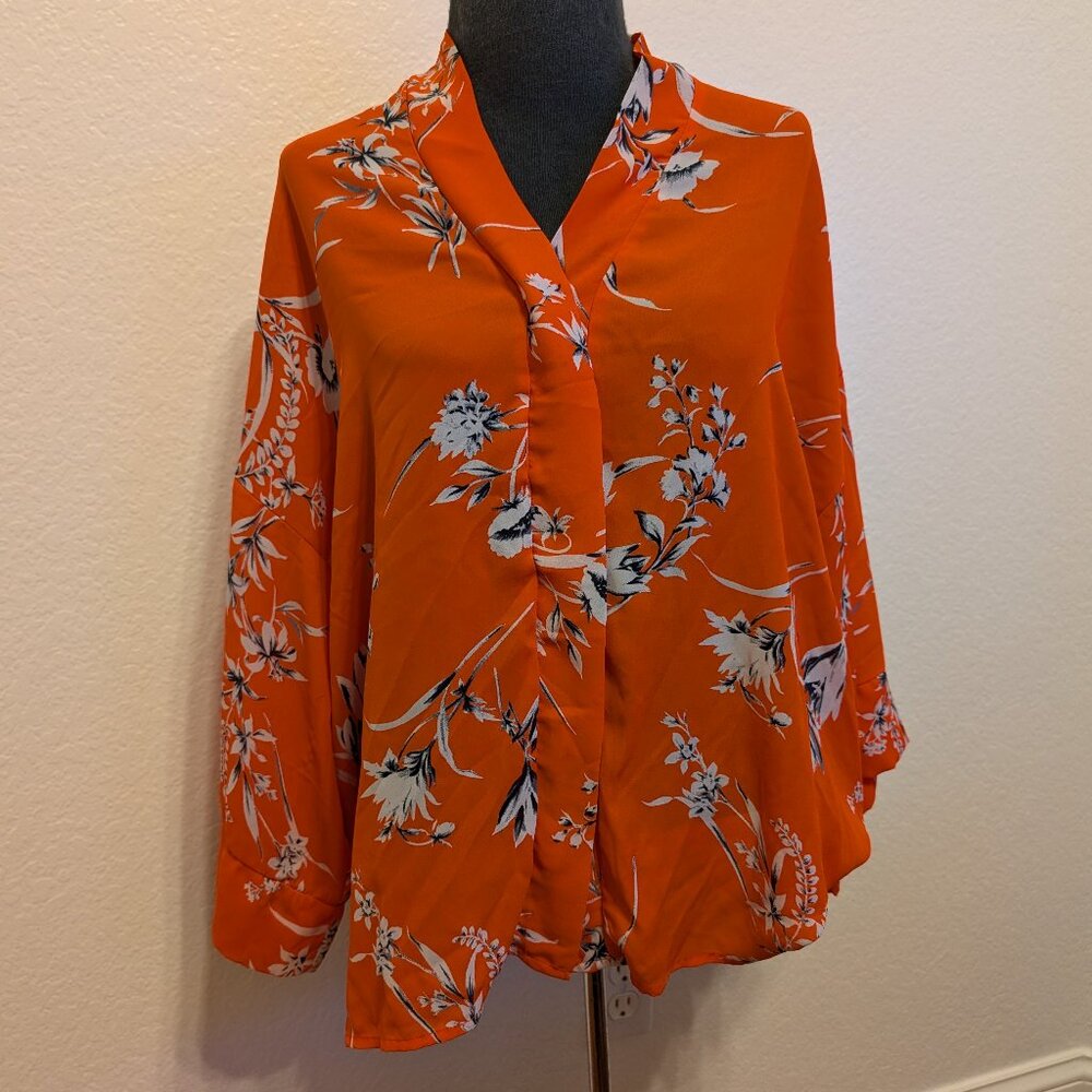 Red Floral Button Front Blouse Top Coastal Boho Size Small